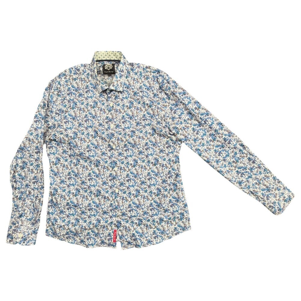 English Laundry Mens XL L/S Dress Shirt Floral Blue White Cotton
